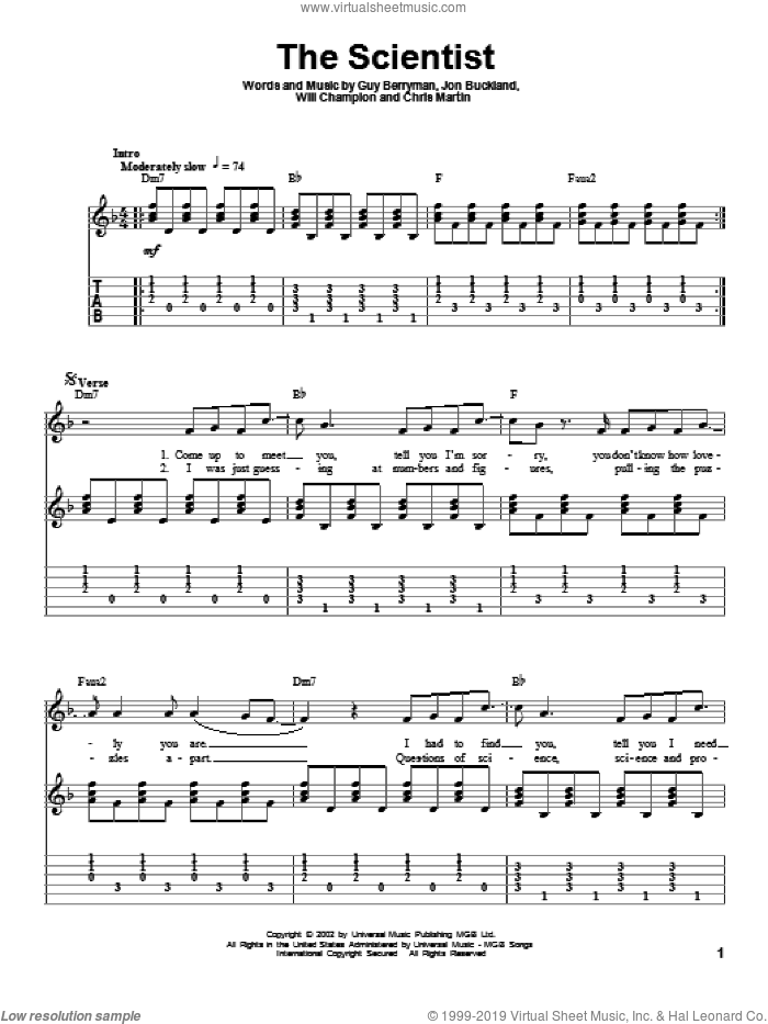 The Scientist, (intermediate) sheet music for guitar solo by Coldplay and Chris Martin, intermediate skill level
