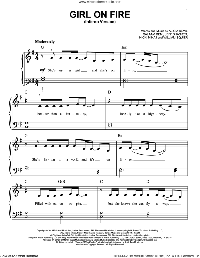 Girl On Fire, (easy) sheet music for piano solo by Alicia Keys and Nicki Minaj, easy skill level