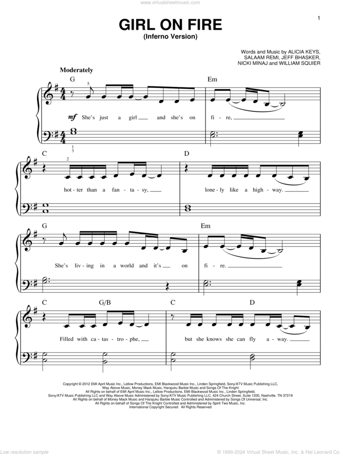 Girl On Fire, (easy) sheet music for piano solo by Alicia Keys and Nicki Minaj, easy skill level