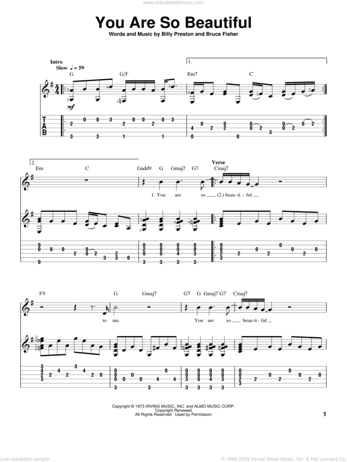 You Are So Beautiful, (intermediate) sheet music for guitar solo by Joe Cocker, intermediate skill level