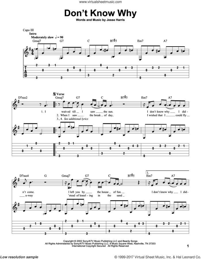 Don't Know Why sheet music for guitar solo by Norah Jones and Jesse Harris, intermediate skill level
