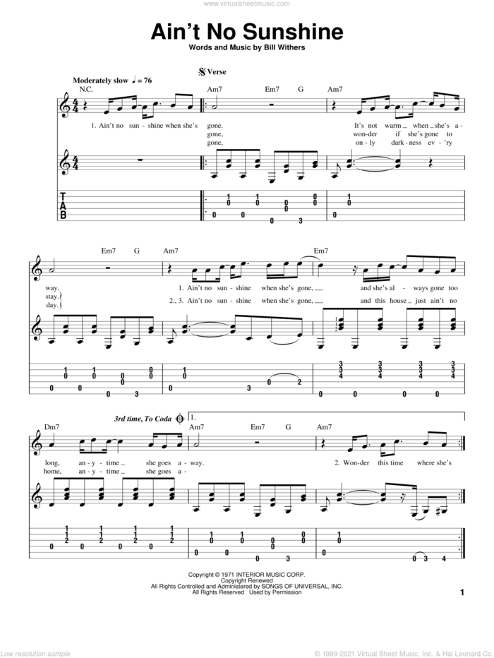 Ain't No Sunshine sheet music for guitar solo by Bill Withers and Kris Allen, intermediate skill level