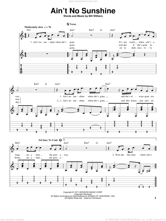 Ain't No Sunshine sheet music for guitar solo by Bill Withers and Kris Allen, intermediate skill level