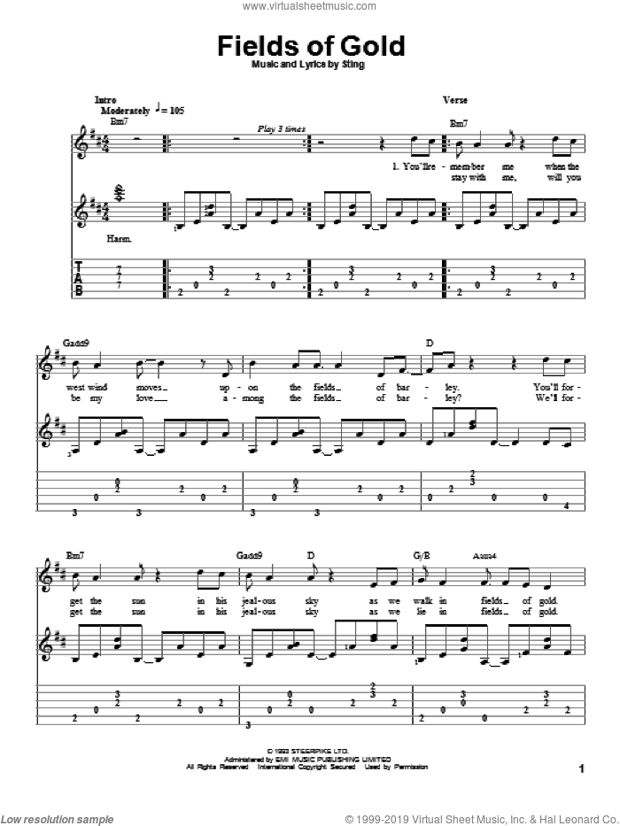 Fields Of Gold sheet music for guitar solo by Sting, intermediate skill level