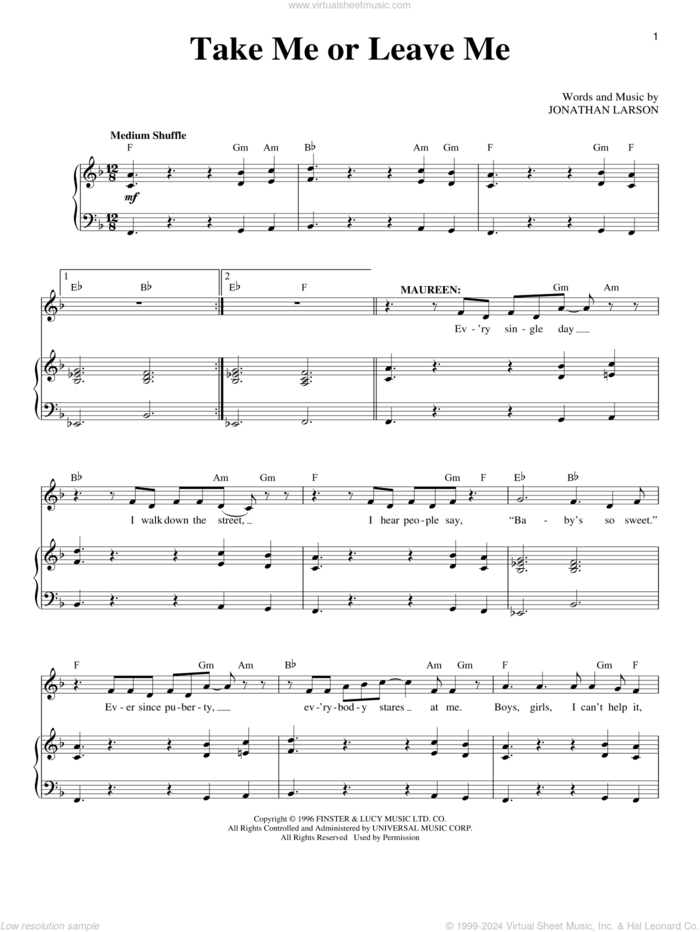 Take Me Or Leave Me sheet music for voice and piano by Jonathan Larson and Rent (Musical), intermediate skill level