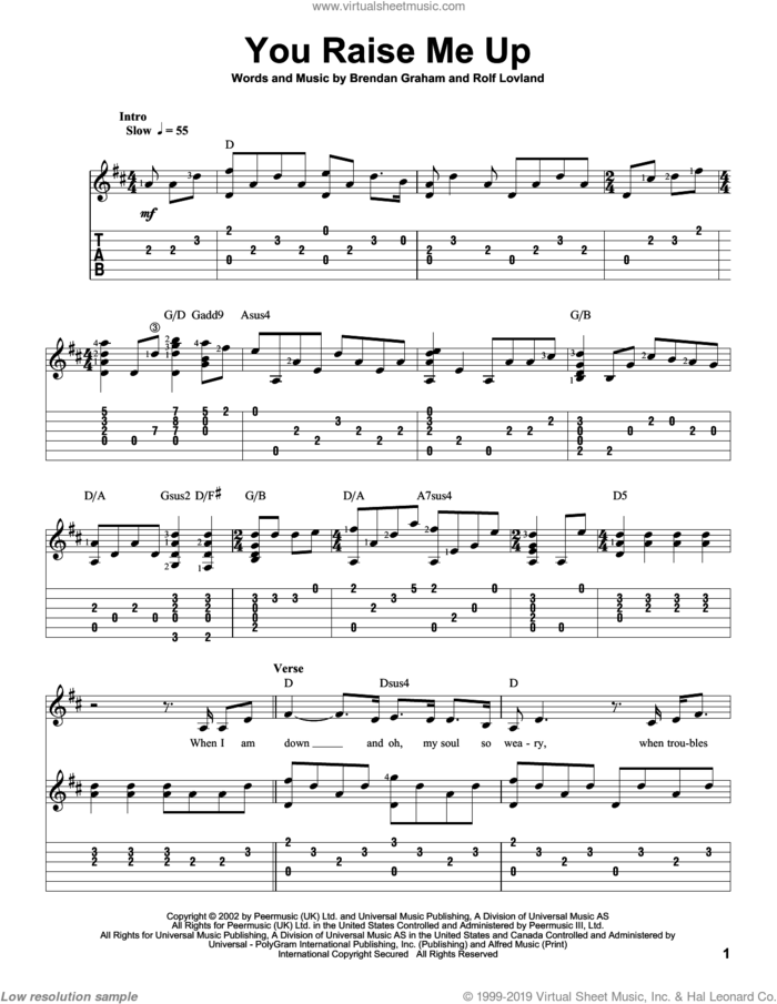 You Raise Me Up, (intermediate) sheet music for guitar solo by Josh Groban and Secret Garden, wedding score, intermediate skill level