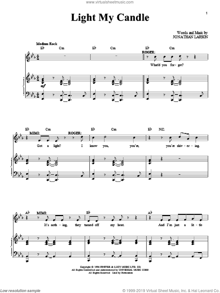 Light My Candle sheet music for voice and piano by Jonathan Larson and Rent (Musical), intermediate skill level