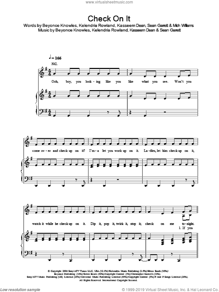 Check On It sheet music for voice, piano or guitar by Beyonce, Kasseem Dean, Kelendria Rowland, Mich Williams and Sean Garrett, intermediate skill level