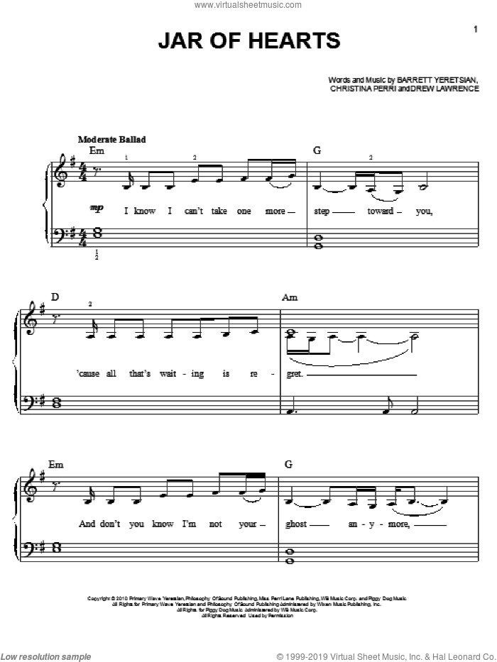Jar Of Hearts, (easy) sheet music for piano solo by Christina Perri, easy skill level