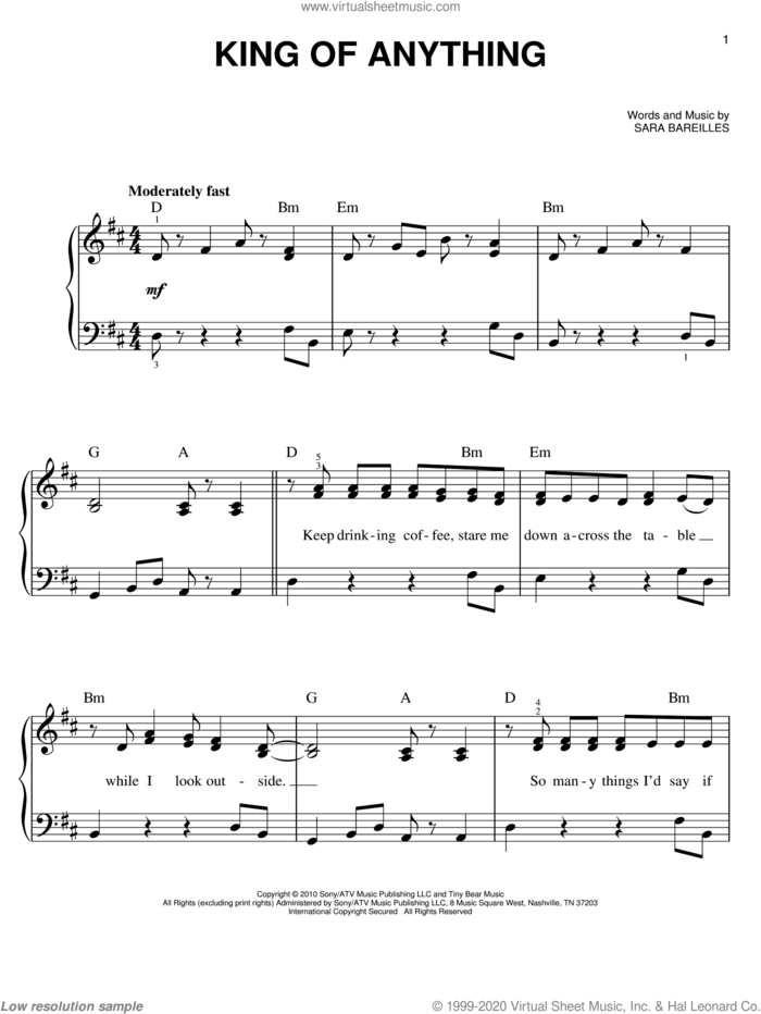 King Of Anything sheet music for piano solo by Sara Bareilles, easy skill level