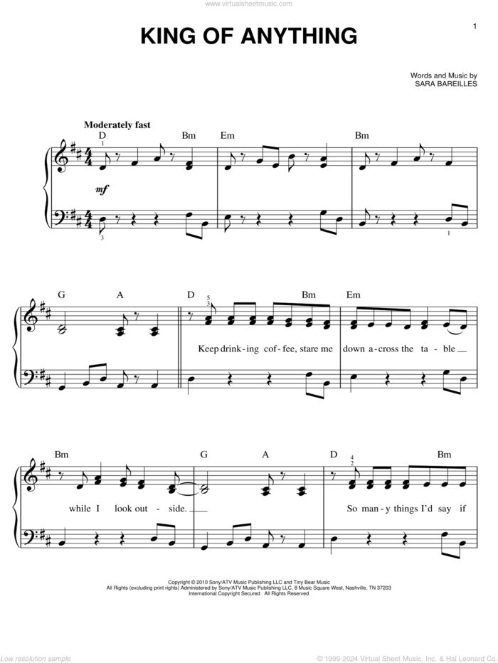 King Of Anything sheet music for piano solo by Sara Bareilles, easy skill level