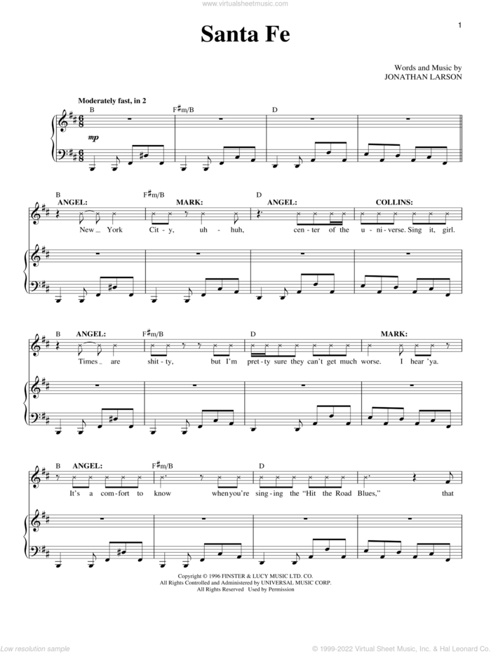 Santa Fe sheet music for voice and piano by Jonathan Larson and Rent (Musical), intermediate skill level