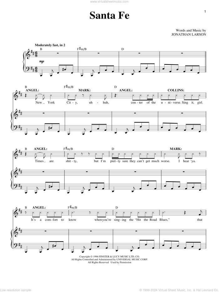 Santa Fe sheet music for voice and piano by Jonathan Larson and Rent (Musical), intermediate skill level