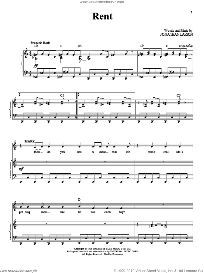Rent sheet music for voice and piano by Jonathan Larson and Rent (Musical), intermediate skill level