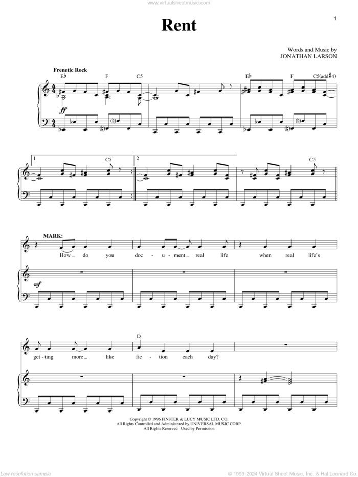 Rent sheet music for voice and piano by Jonathan Larson and Rent (Musical), intermediate skill level