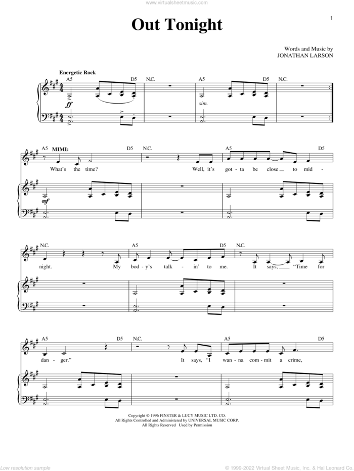 Out Tonight sheet music for voice and piano by Jonathan Larson and Rent (Musical), intermediate skill level