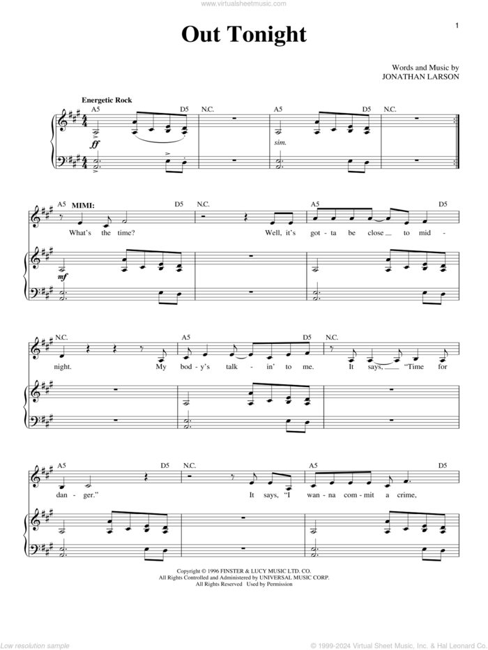 Out Tonight sheet music for voice and piano by Jonathan Larson and Rent (Musical), intermediate skill level