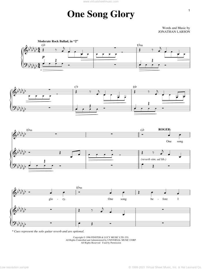 One Song Glory sheet music for voice and piano by Jonathan Larson and Rent (Musical), intermediate skill level