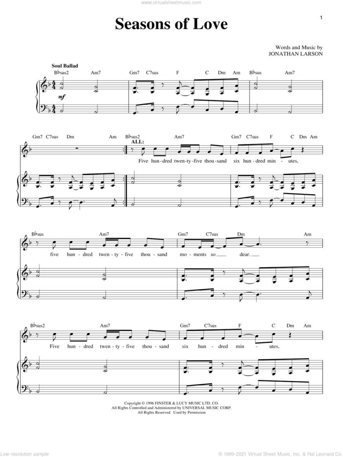 Seasons Of Love (from Rent) sheet music for voice and piano by Jonathan Larson and Rent (Musical), intermediate skill level