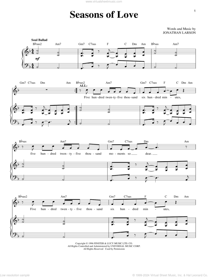 Seasons Of Love (from Rent) sheet music for voice and piano by Jonathan Larson and Rent (Musical), intermediate skill level