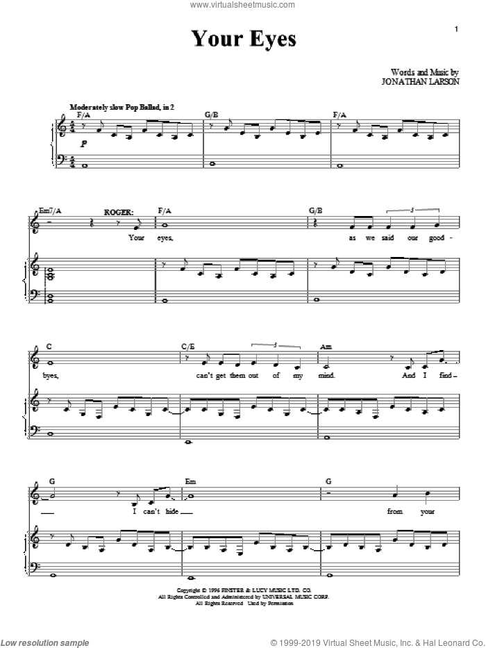 Your Eyes sheet music for voice and piano by Jonathan Larson and Rent (Musical), intermediate skill level