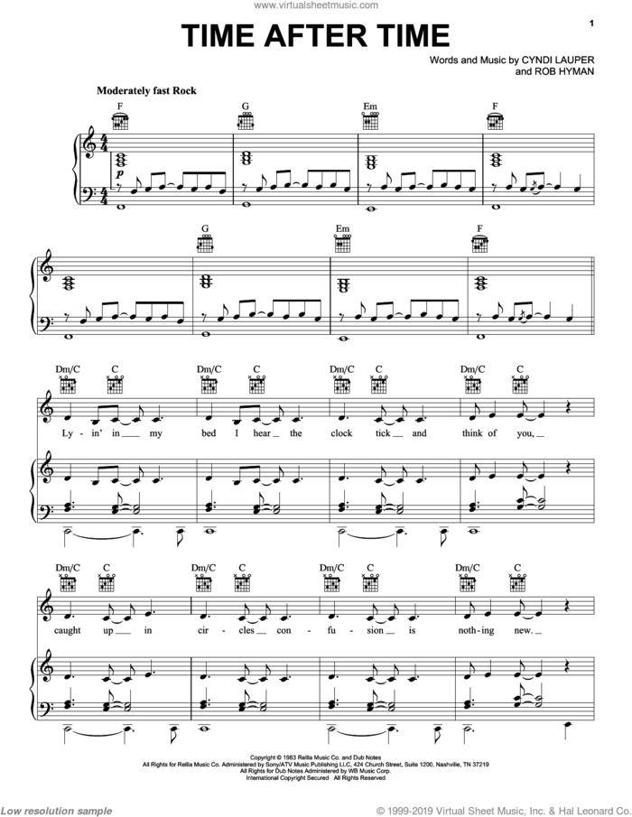 Time After Time sheet music for voice, piano or guitar by Cyndi Lauper, Inoj and Rob Hyman, intermediate skill level