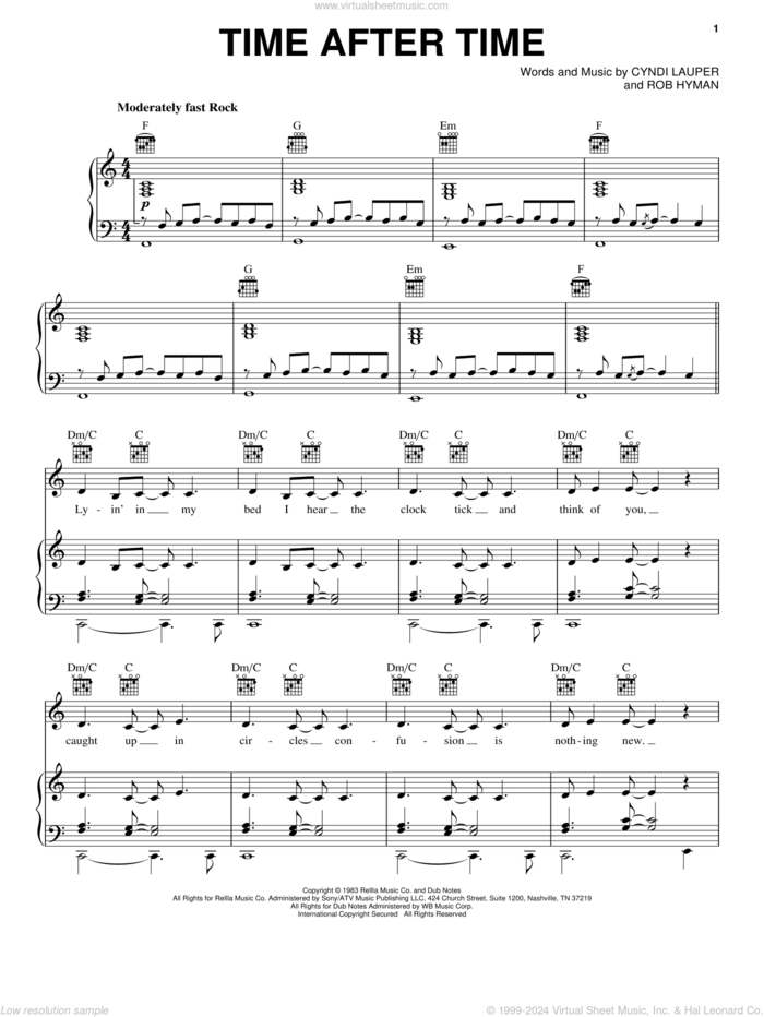 Time After Time sheet music for voice, piano or guitar by Cyndi Lauper, Inoj and Rob Hyman, intermediate skill level