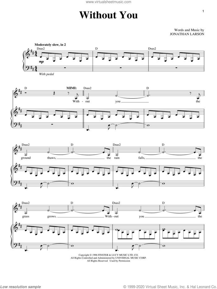 Without You sheet music for voice and piano by Jonathan Larson and Rent (Musical), intermediate skill level