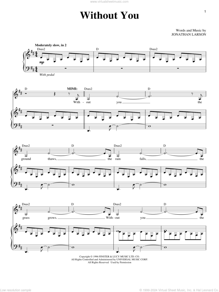 Without You sheet music for voice and piano by Jonathan Larson and Rent (Musical), intermediate skill level