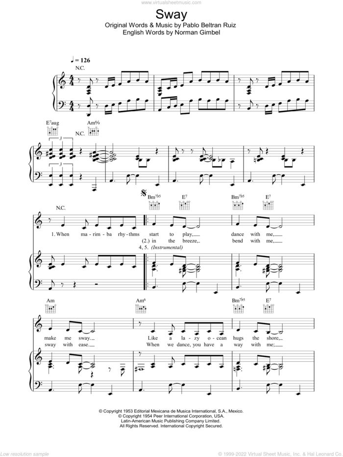 Sway (Quien Sera) sheet music for voice, piano or guitar by Norman Gimbel, The Pussycat Dolls and Pablo Beltran Ruiz, intermediate skill level