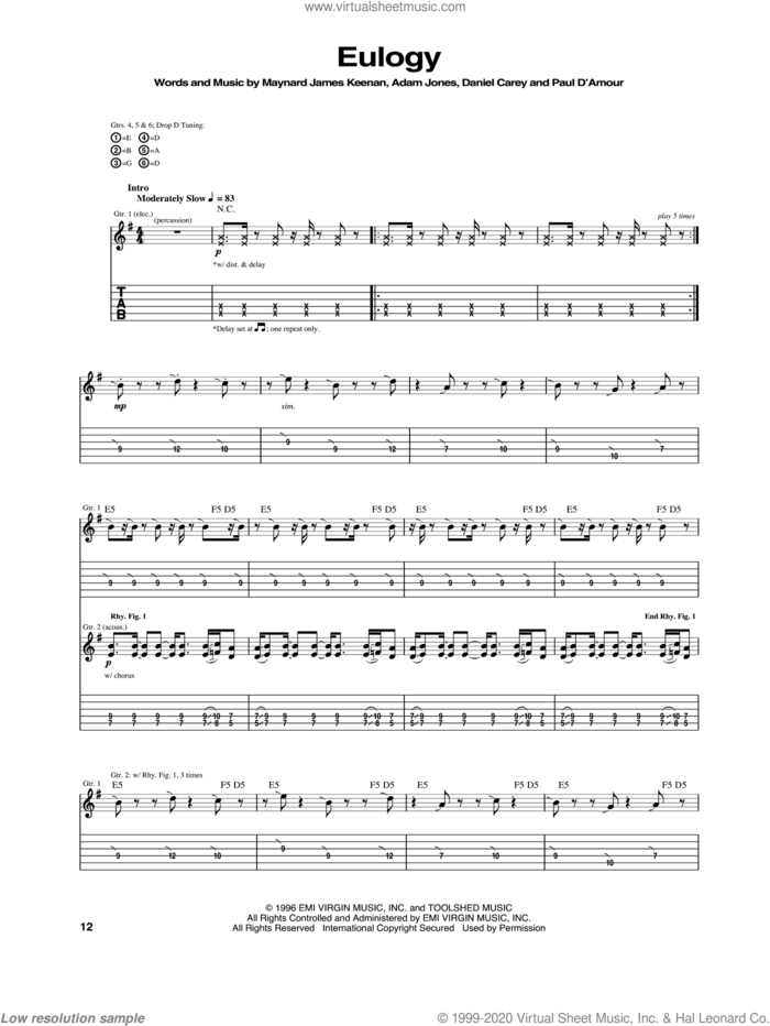 Eulogy sheet music for guitar (tablature) by Tool, intermediate skill level