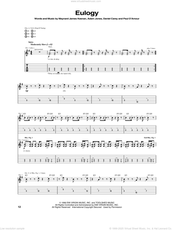 Eulogy sheet music for guitar (tablature) by Tool, intermediate skill level