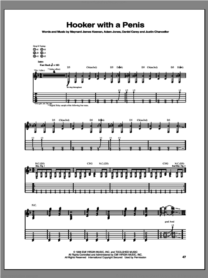 Hooker With A Penis sheet music for guitar (tablature) by Tool, intermediate skill level