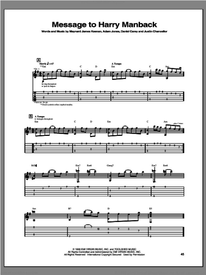 Message To Harry Manback sheet music for guitar (tablature) by Tool, intermediate skill level