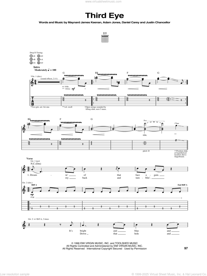 Third Eye sheet music for guitar (tablature) by Tool, intermediate skill level