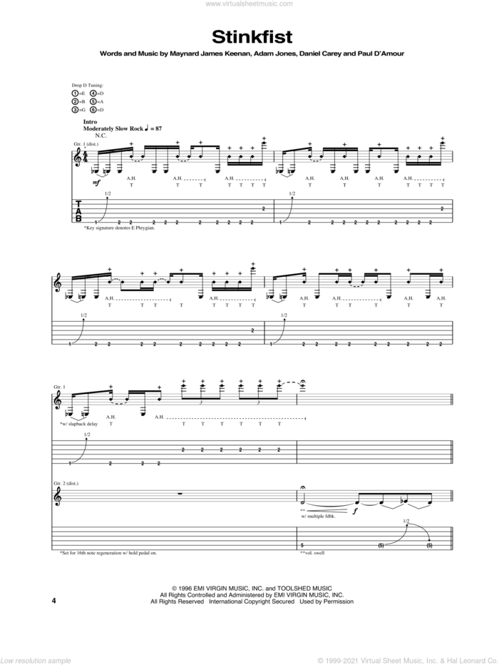 Stinkfist sheet music for guitar (tablature) by Tool, intermediate skill level