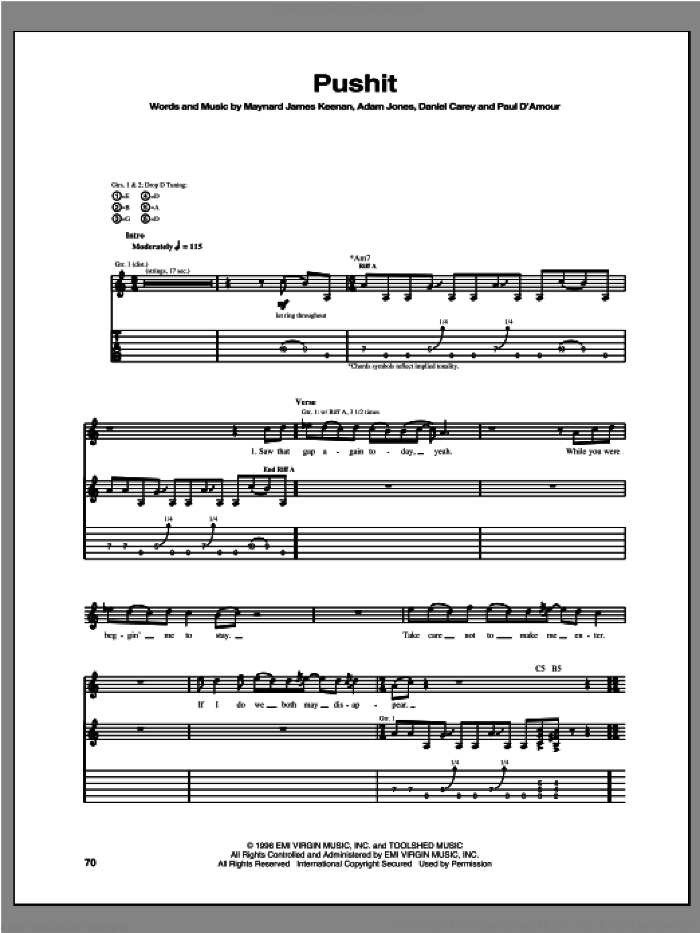 Pushit sheet music for guitar (tablature) by Tool, intermediate skill level