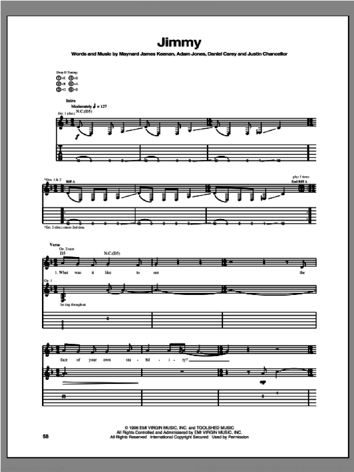 Jimmy sheet music for guitar (tablature) by Tool, intermediate skill level