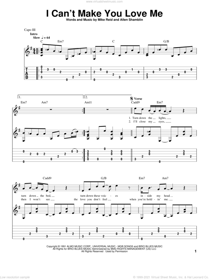 I Can't Make You Love Me sheet music for guitar solo by Bonnie Raitt, intermediate skill level