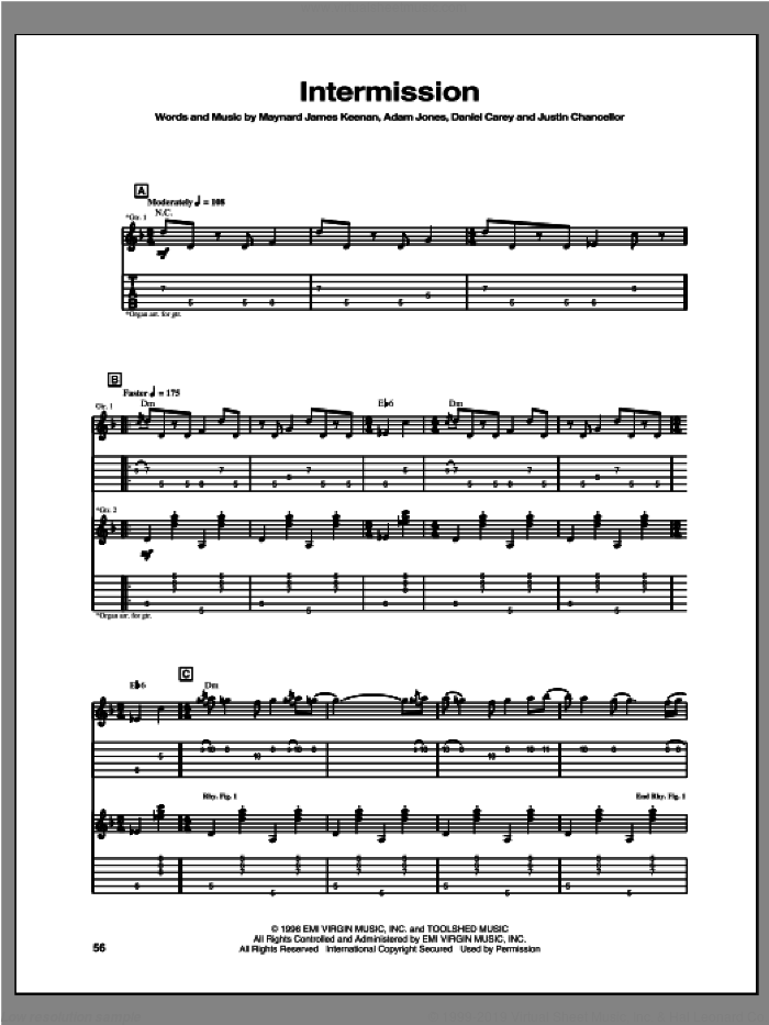 Intermission sheet music for guitar (tablature) by Tool, intermediate skill level