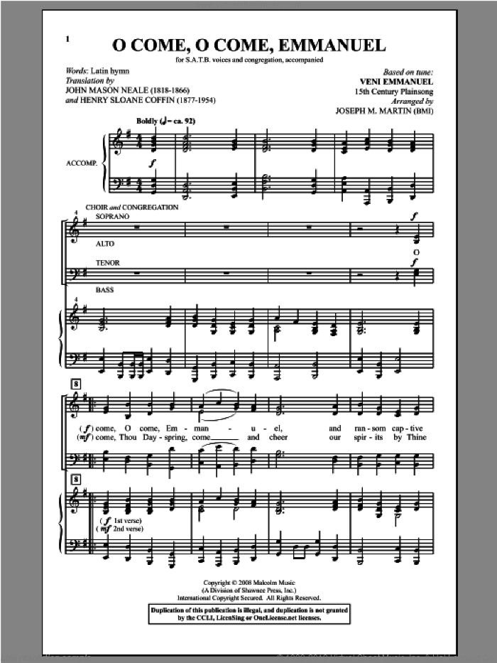 O Come, O Come, Emmanuel (from Carols For Choir And Congregation) sheet music for choir (SATB: soprano, alto, tenor, bass) by Joseph M. Martin and Joseph  M. Martin, intermediate skill level