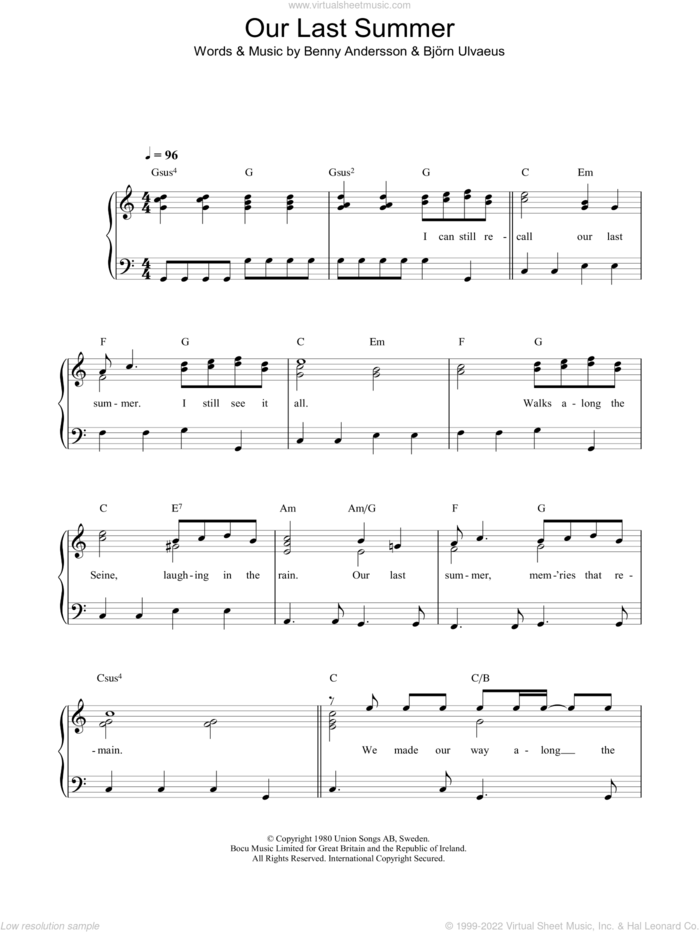Our Last Summer sheet music for voice, piano or guitar by ABBA, Benny Andersson, Bjorn Ulvaeus and Miscellaneous, intermediate skill level