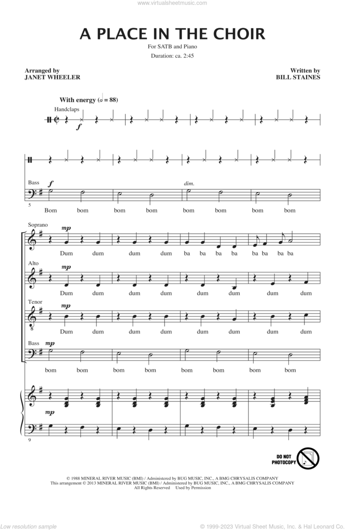 A Place In The Choir sheet music for choir (SATB: soprano, alto, tenor, bass) by Janet Wheeler and Bill Staines, intermediate skill level