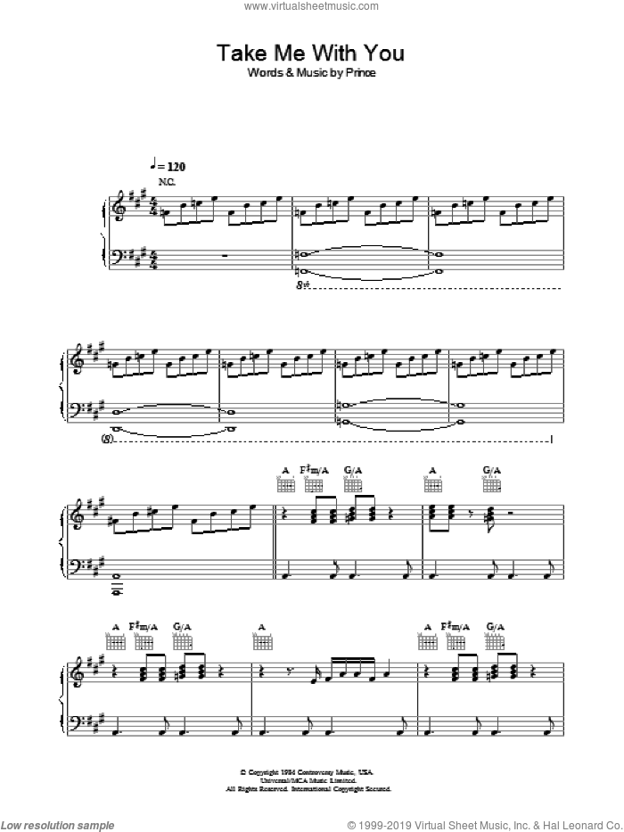 Take Me With U sheet music for voice, piano or guitar by Prince and Prince & The Revolution, intermediate skill level