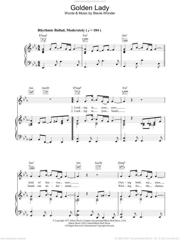 Golden Lady sheet music for voice, piano or guitar by Stevie Wonder, intermediate skill level