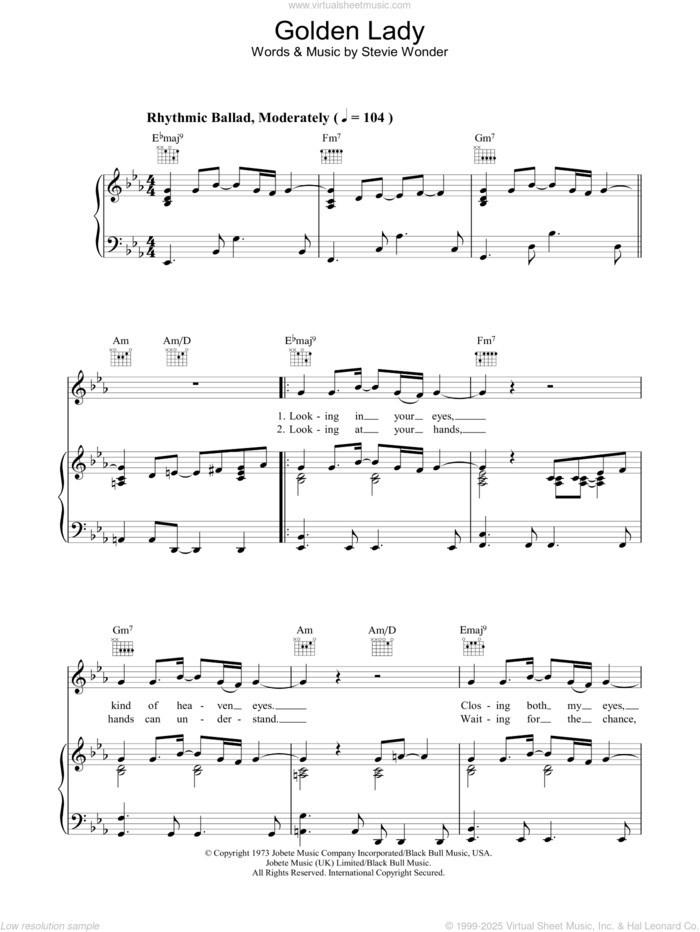 Golden Lady sheet music for voice, piano or guitar by Stevie Wonder, intermediate skill level