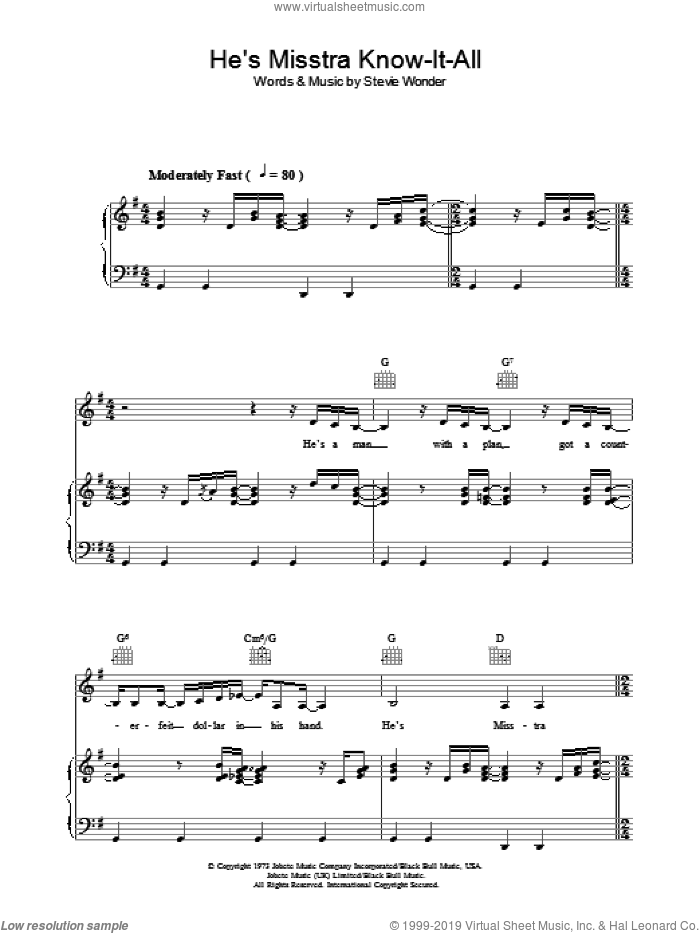 He's Misstra Know-It-All sheet music for voice, piano or guitar by Stevie Wonder, intermediate skill level