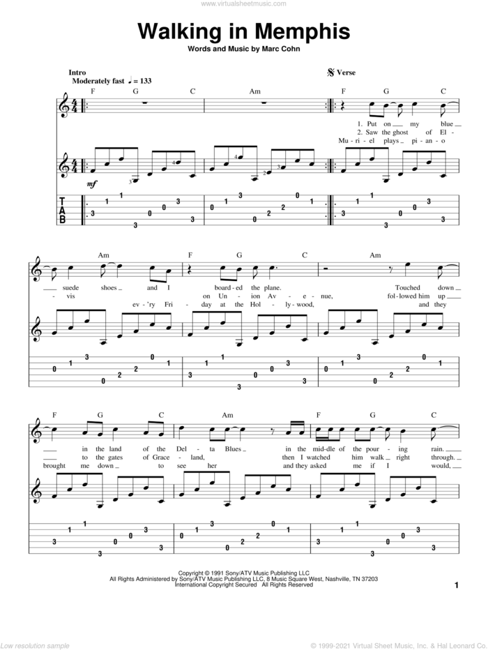 Walking In Memphis sheet music for guitar solo by Marc Cohn and Lonestar, intermediate skill level