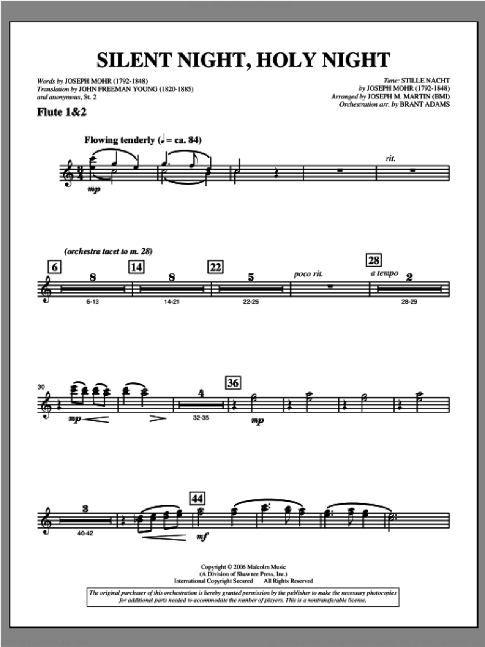Silent Night, Holy Night (from 'carols For Choir And Congregation') sheet music for orchestra/band (flute 1 and 2) by Joseph M. Martin, intermediate skill level