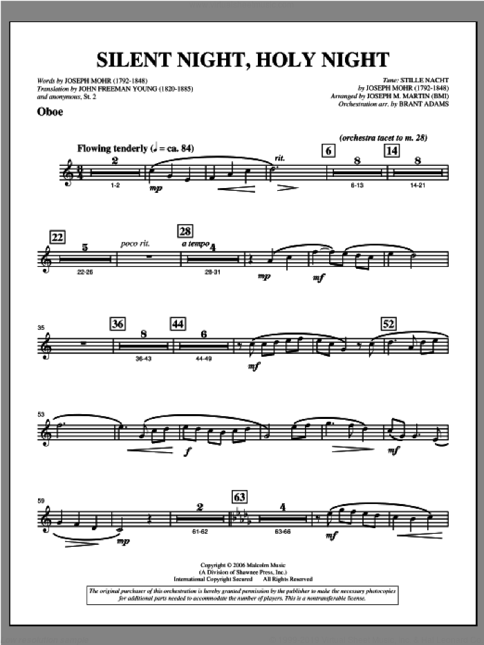Silent Night, Holy Night (from 'carols For Choir And Congregation') sheet music for orchestra/band (oboe) by Joseph M. Martin, intermediate skill level